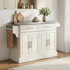 Rolling Kitchen Island with Stainless Steel Top, 2 Drawers, Spice, Knife and Towel Rack and Cabinets, Cream White