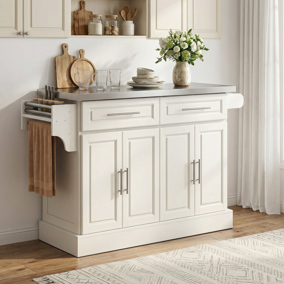 Rolling Kitchen Island with Stainless Steel Top, 2 Drawers, Spice, Knife and Towel Rack and Cabinets, Cream White