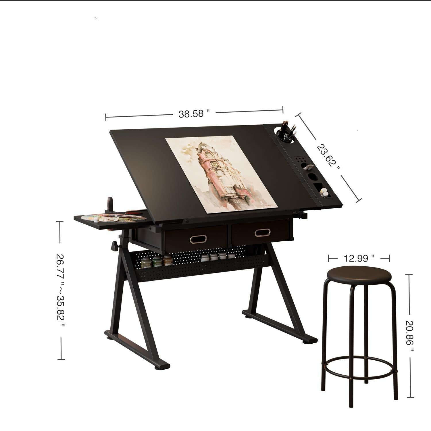 Adjustable Drafting Table Desk with Tilt Top, 2 Large Fabric Drawers, Drawing Desk with Leveling Feet, 38.5" L x 23.5" W x 27" - 36" H, Black