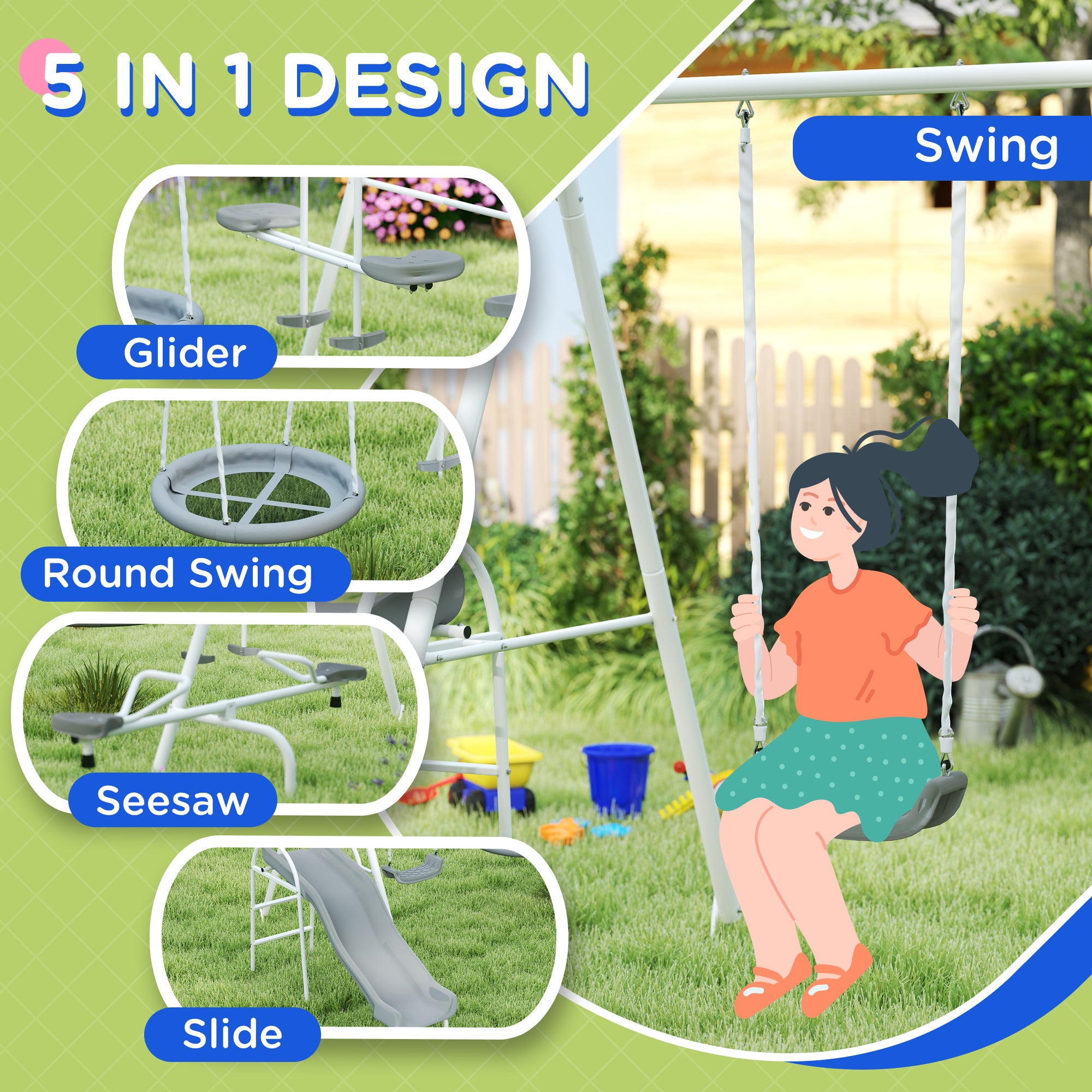 5 in 1 Kids Swing Set for Backyard with Heavy-Duty A-Frame Stand, Saucer Swing, Slide, Seesaw, Glider, Swing Seat, Gray