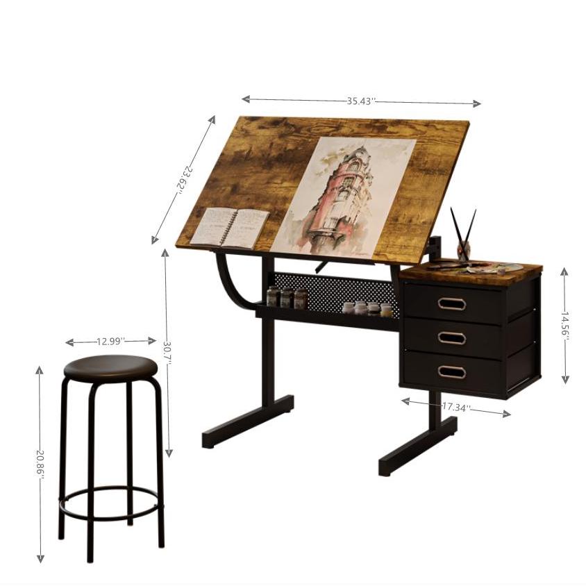Adjustable Drafting Table with 3 Drawers, Owder-Coated Steel Frame, Drawing Desk for Sketching and Crafting, 46" L x 23.5" W x 29.5" H, Black