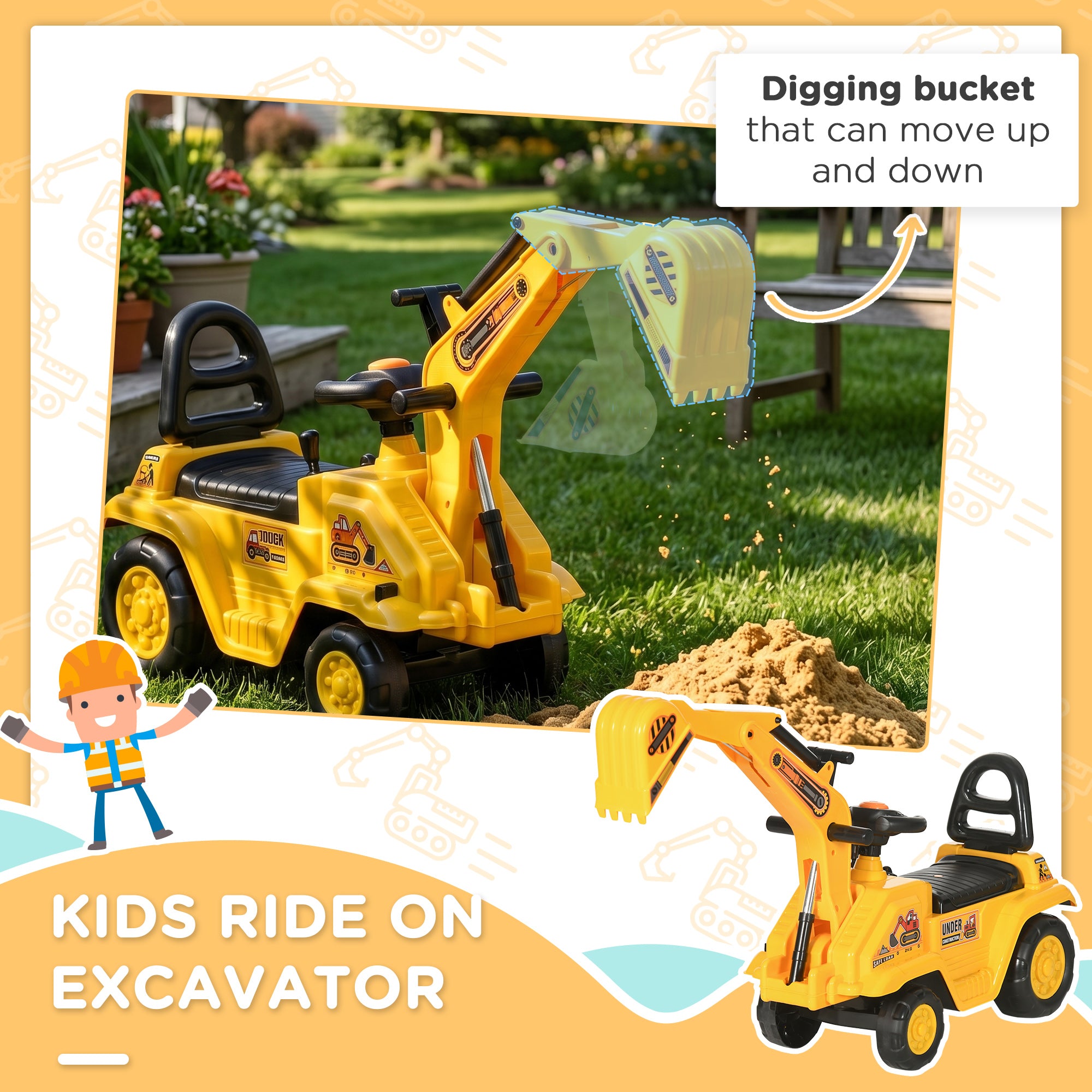 2 in 1 Ride On Toy Digger Digger Tractor Pulling Cart Pretend Play Construction Truck