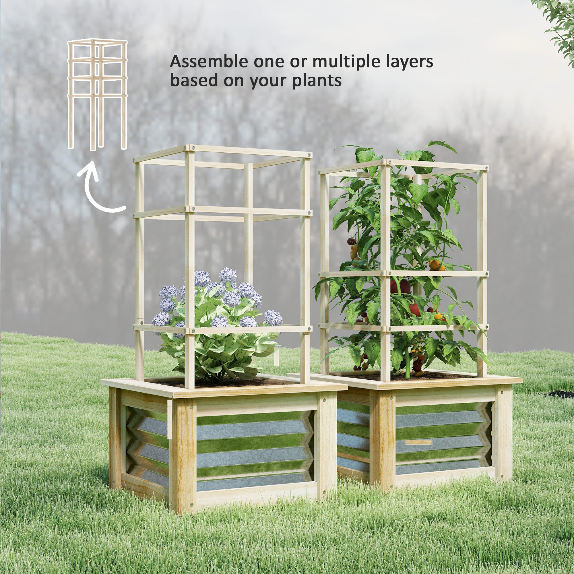 Wooden Raised Garden Bed with Trellis, Galvanized Planter Box Elevated Garden Bed for Garden, Patio, Natural Wood