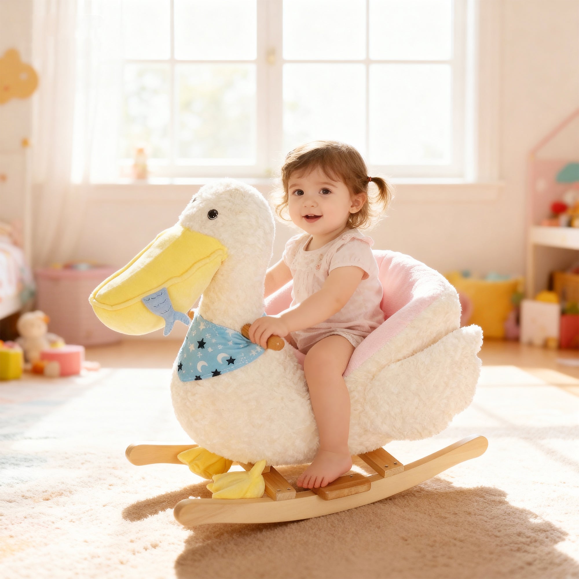 Baby Rocking Horse, Kids Ride on Pelican Rocking Horse for Toddlers 18–36 Months with Realistic Duck Sound, White