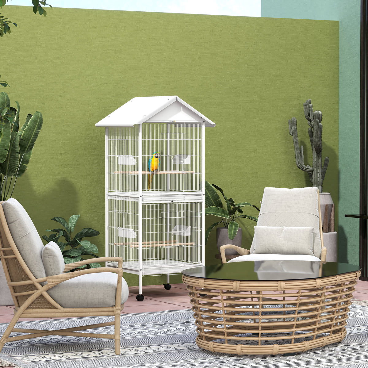 Wrought Metal Bird Cage Feeder with Rolling Stand Perches Food Containers Doors Wheels 67" H, White