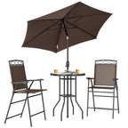 4 Piece Outdoor Bar Set with Umbrella, Patio Dining Set with 2 Folding Chairs, Wave Textured Tempered Glass Table for Backyard, Garden, Deck, Poolside, Brown