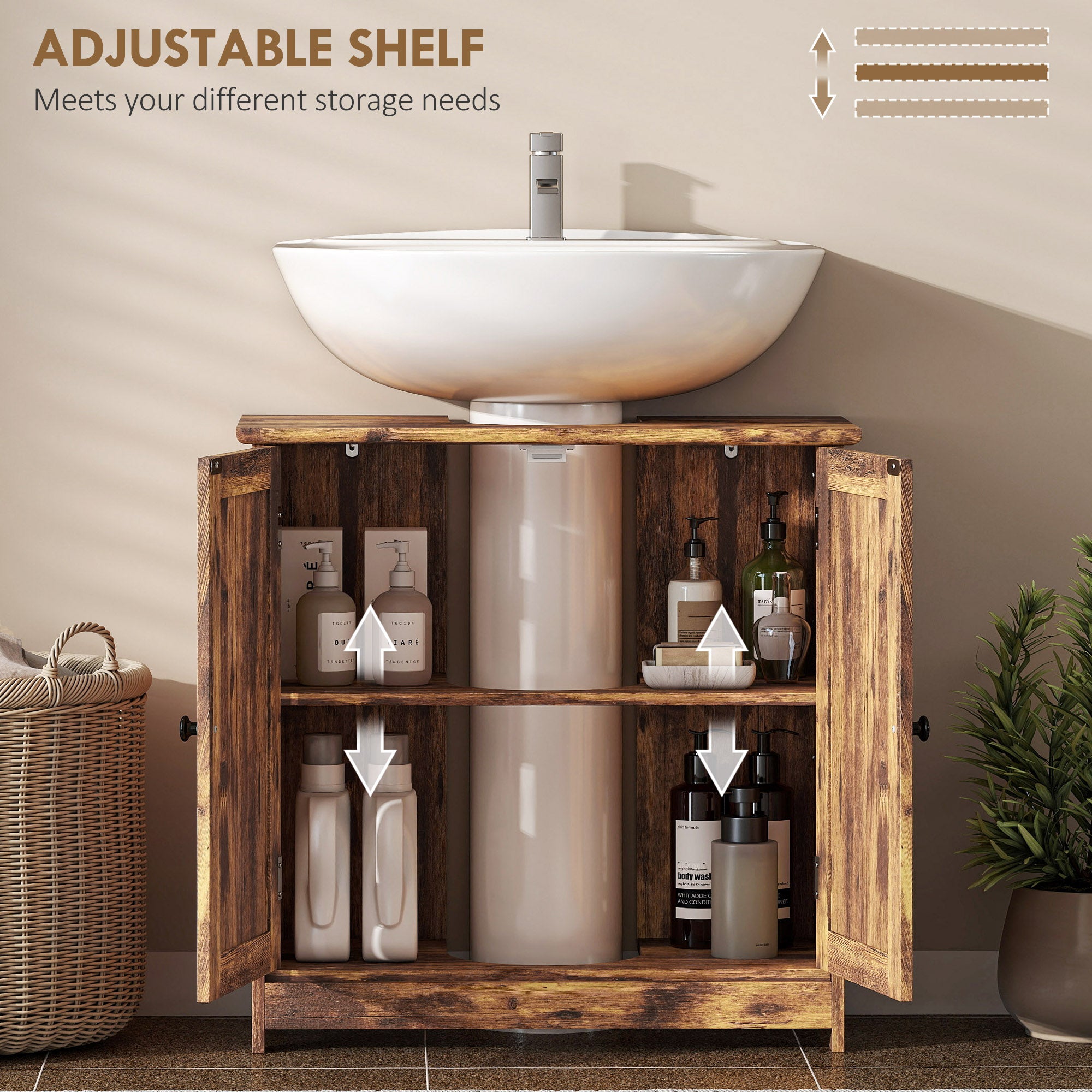 Bathroom Vanity Cabinet, Under Sink Bathroom Cabinet with 2 Doors and Adjustable Shelf, Rustic Brown