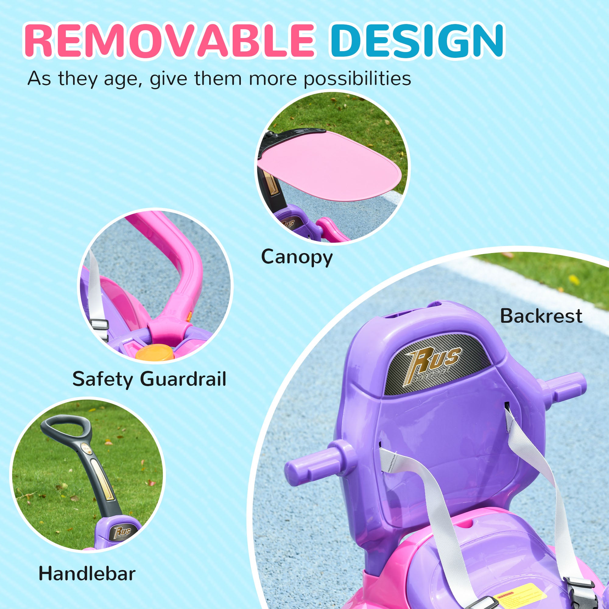 3 in 1 Push Car Sliding Car with Removable Handle, Music, Horn, Canopy, Safety Guardrail, Pink