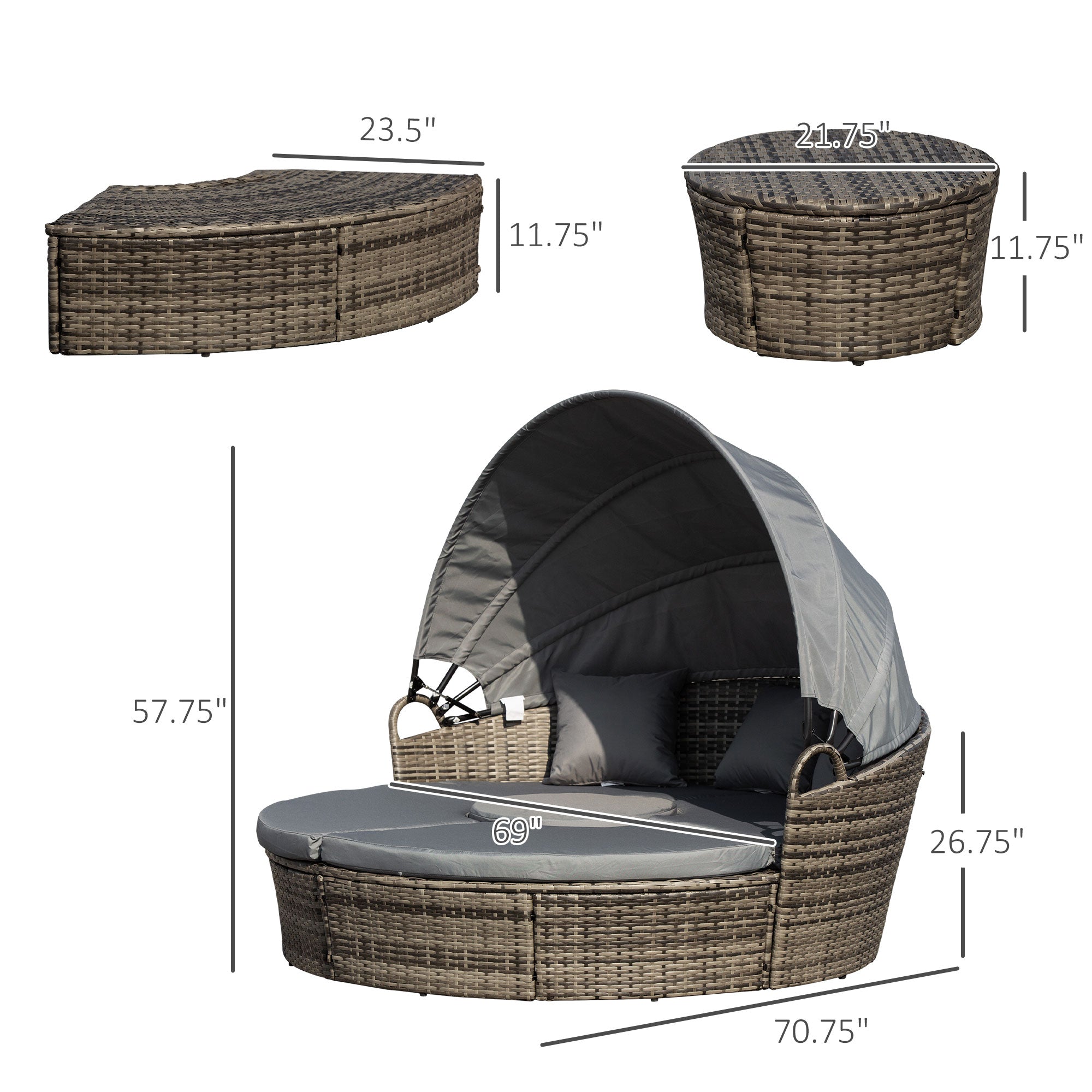 4-Piece Round Convertible Daybed with Cushions, Outdoor PE Rattan Patio Wicker Sofa Set, Sunbed with Adjustable Sun Canopy, Sectional Sofa, 2 Chairs, Table, 3 Pillows, Dark Gray