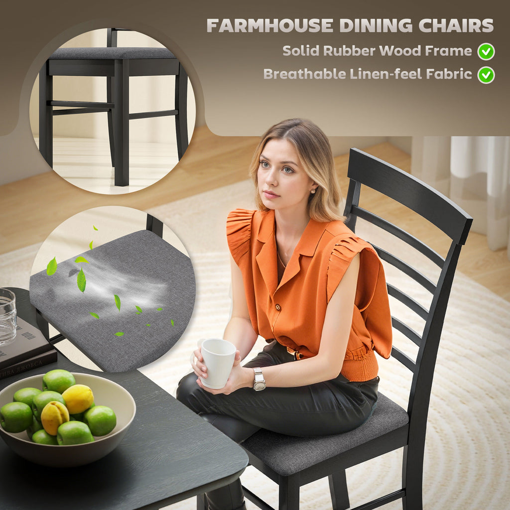 Wooden Dining Chairs Set of 2, Farmhouse Upholstered Kitchen Chairs with Rubber Wood Frame, Black and Gray