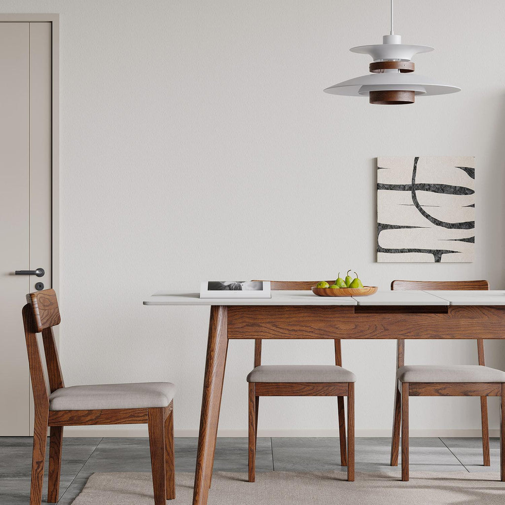 Extendable Dining Table with Stone Slab Tabletop, Sturdy Kitchen Table with Rounded Corners, 59″ L x 31.5″ W x 29.5″ H, White+Walnut