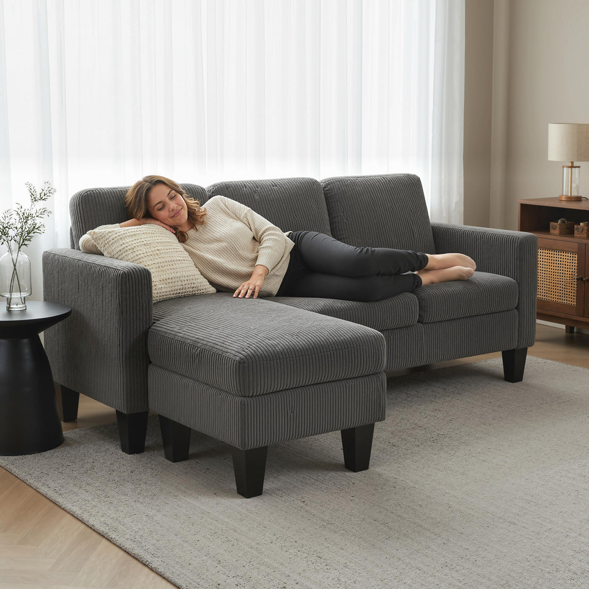 Sectional Sofa, L Shaped Couch, with Reversible Chaise or Ottoman, Dark Gray