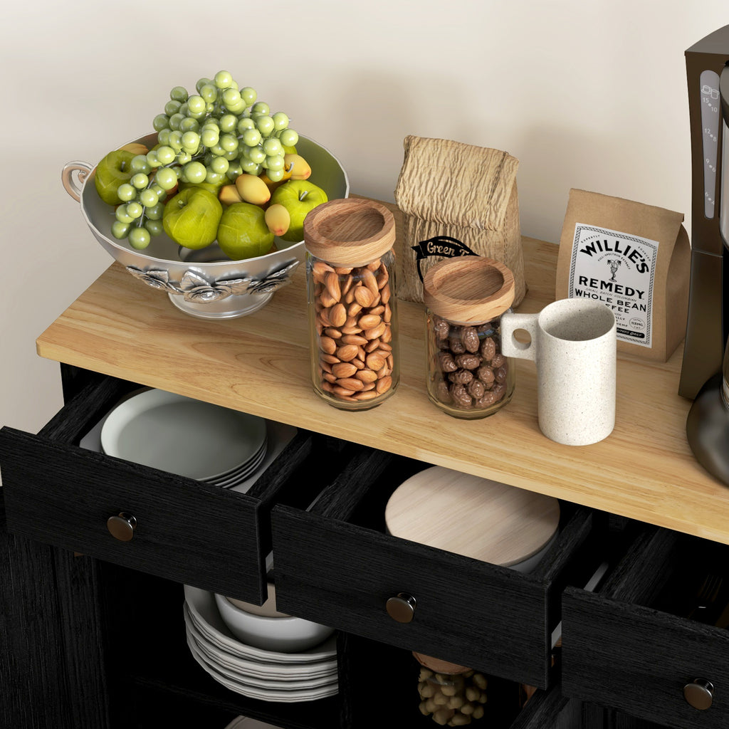 Kitchen Storage Cabinet, Sideboard Floor Cupboard with Solid Wood Top, Adjustable Shelf, and 3 Drawers, Black Wood Grain