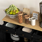 Kitchen Storage Cabinet, Sideboard Floor Cupboard with Solid Wood Top, Adjustable Shelf, and 3 Drawers, Black Wood Grain