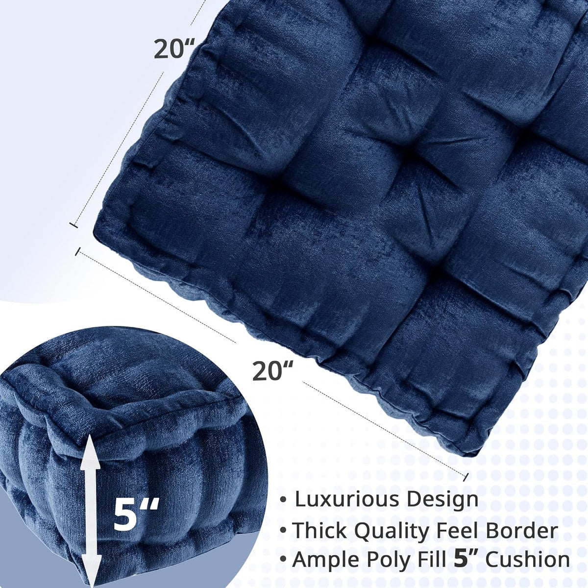 Textured Chenille Square Floor Pillow Cushion with Tufted Detailing, Scalloped Edge, Hypoallergenic 100% Polyester, 20" L x 20" W x 5" H", Navy