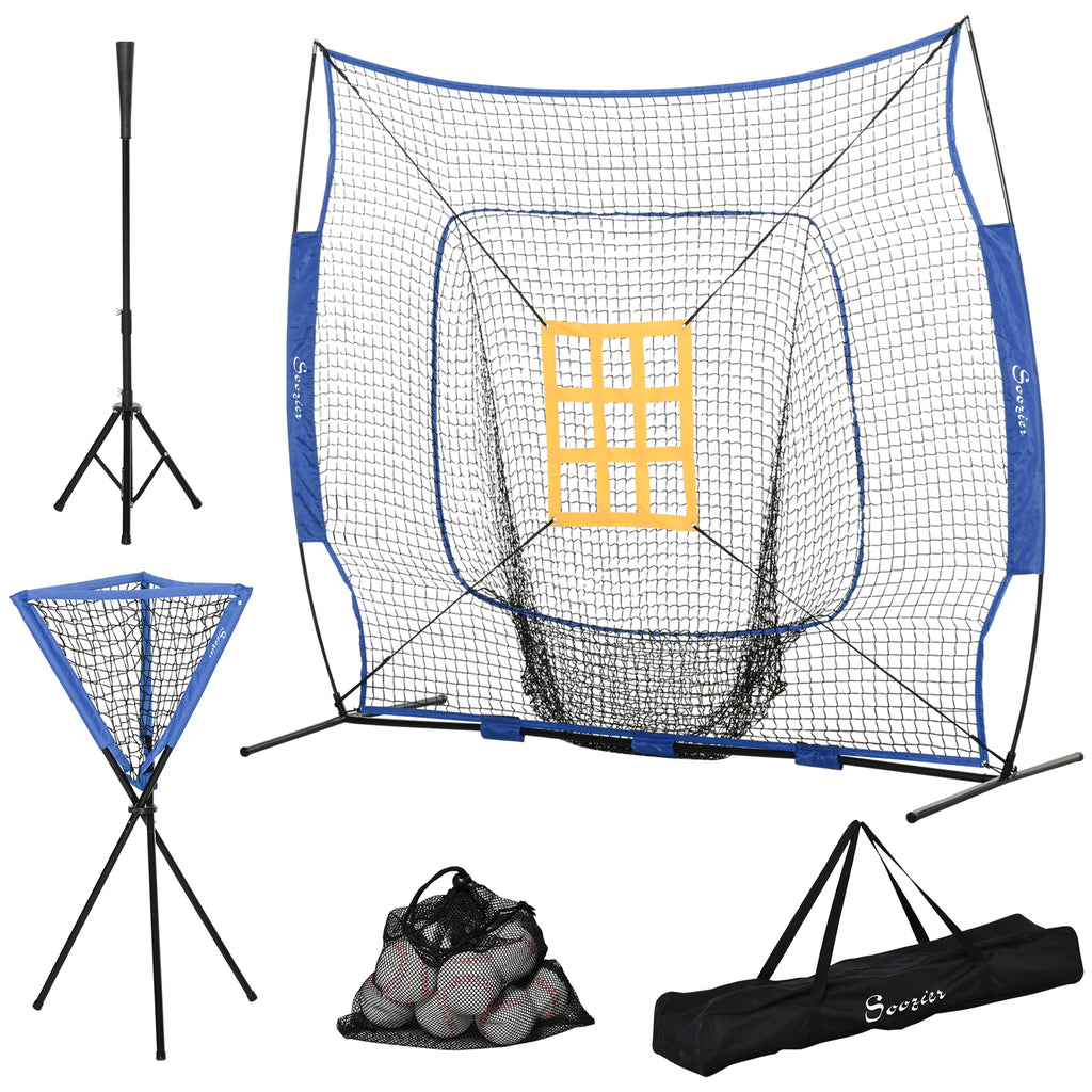 Baseball Practice Net Set with 7.5x7ft Catcher Net, Ball Caddy and Batting Tee, Portable Pitching Net with Carry Bag for Hitting, Pitching, Batting, Catching, Blue