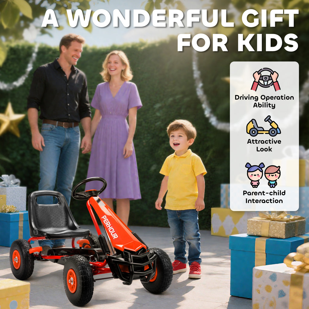 Kids Go Kart, Pedal Car with Adjustable Seat, EVA Wheels, Brake, for Boys & Girls Aged 3-8 Years Old, Red