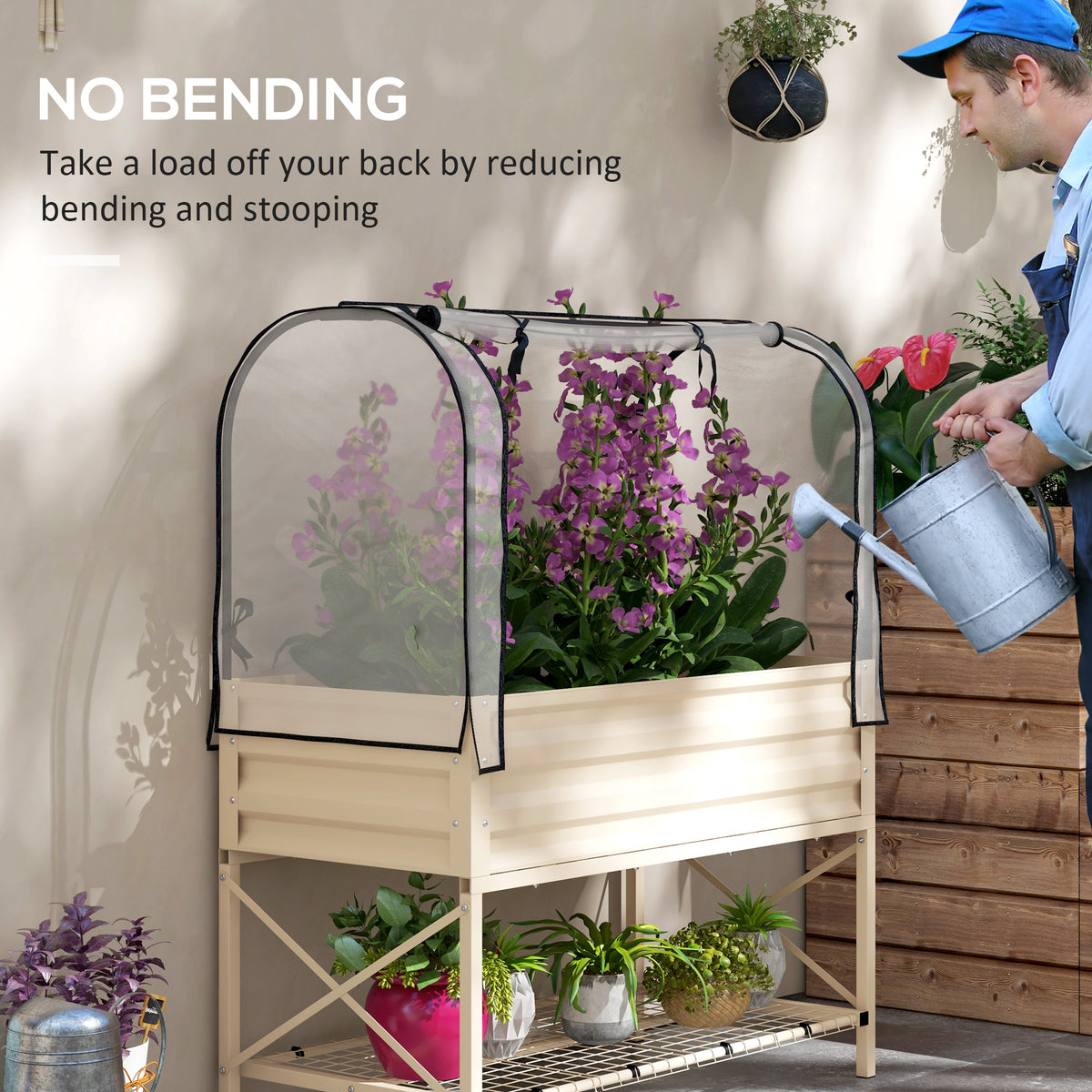 Raised Garden Bed with Legs and Cover, Metal Elevated Planter Box with Bottom Shelf and Liner for Vegetables, Cream