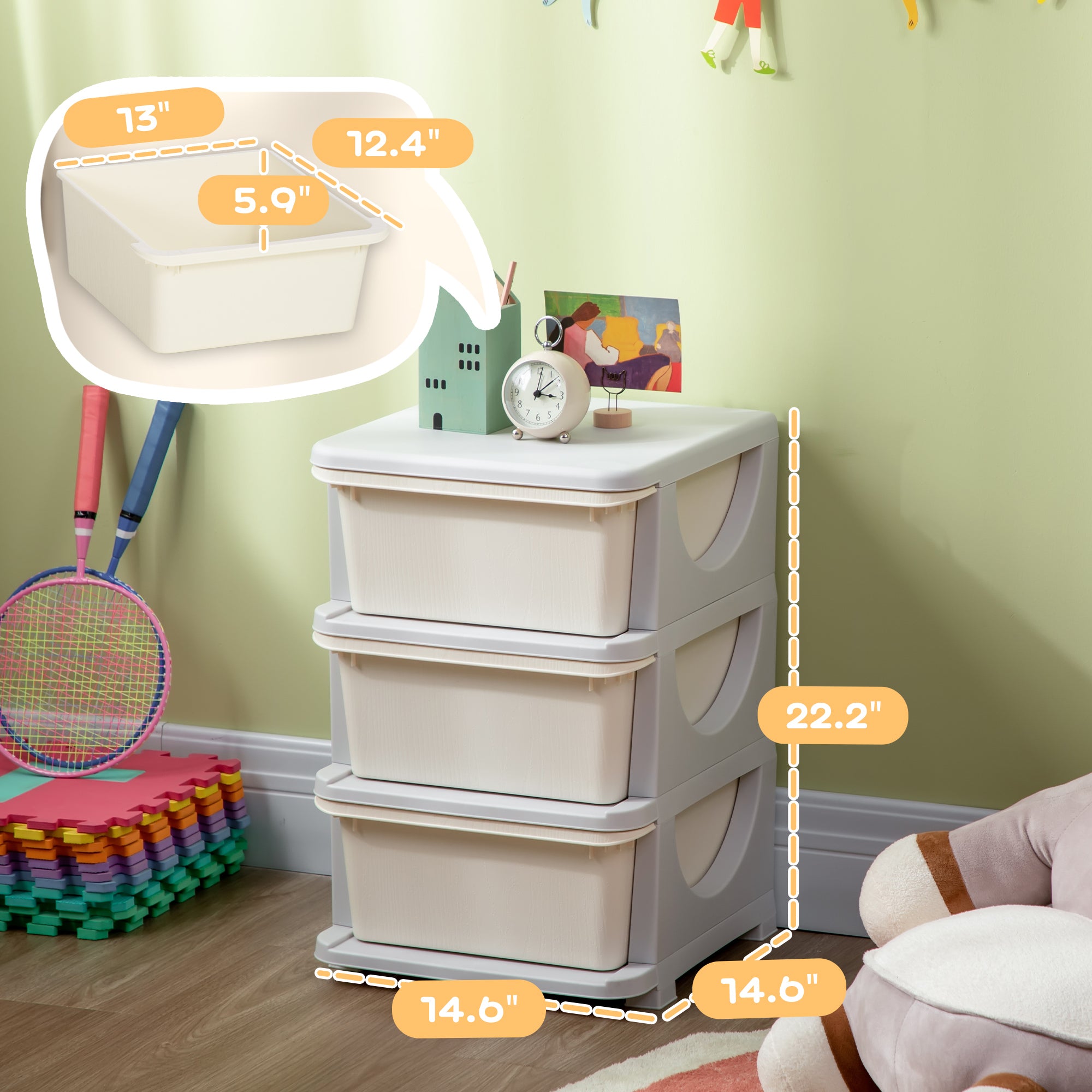 3 Drawers Kids Storage Unit, 3 Tier Stackable Toy Organizers and Storage Chest for Bedroom, Nursery, Playroom, Living Room, Boys, Girls, Toddlers, Cream White