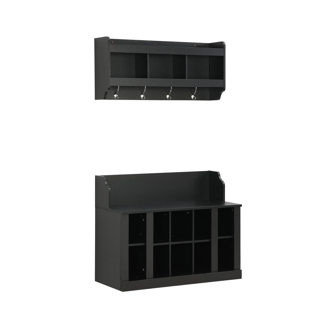 Shoe Cabinet Storage with Shelves and 4 Hooks, Elegant Hall Tree with Wall Mounted Coat Rack, Entryway Organizer for Hallway, Mudroom, Black