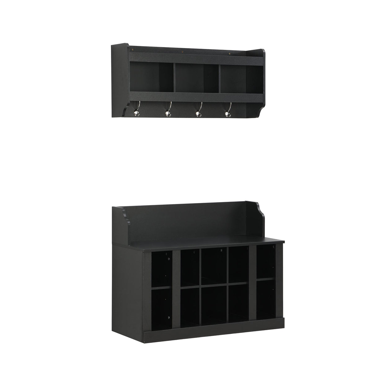 Shoe Cabinet Storage with Shelves and 4 Hooks, Elegant Hall Tree with Wall Mounted Coat Rack, Entryway Organizer for Hallway, Mudroom, Black