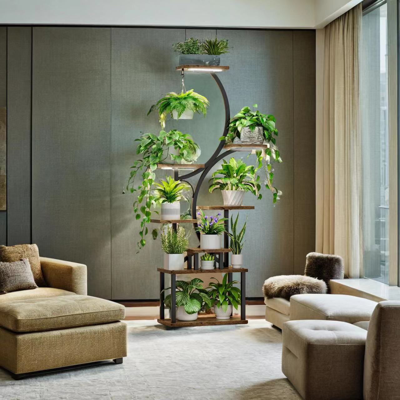 8-Tier Indoor Plant Stand with Grow Lights, Metal Plant Shelf, S-Shaped Design for Home and Patio, 19.5" L x 10" W x 61" H, Black+Dark Walnut