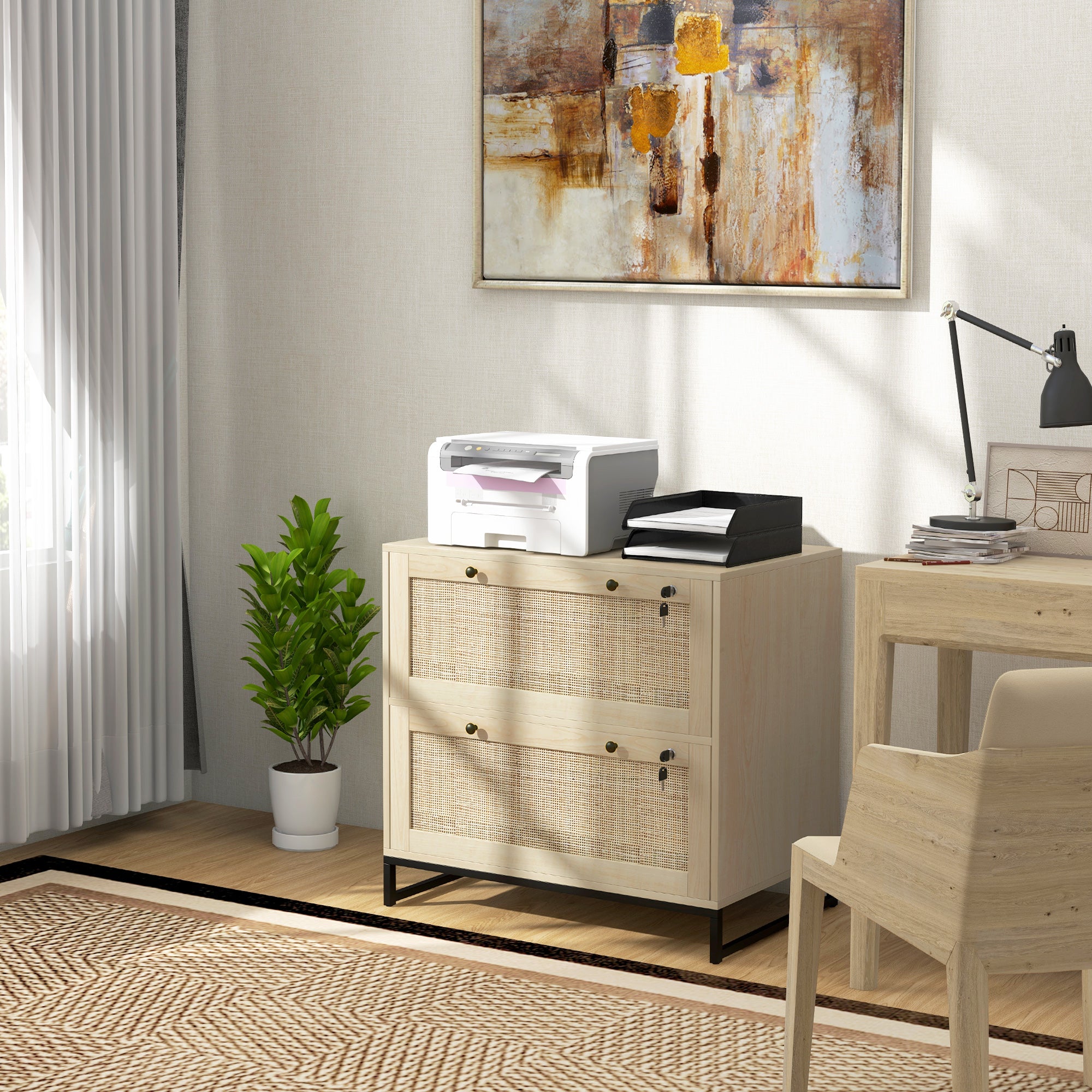 Lockable Filing Cabinet, Boho 2 Drawer File Cabinet with Adjustable Hanging Bar for Letter, A4 and Legal Size, Natural