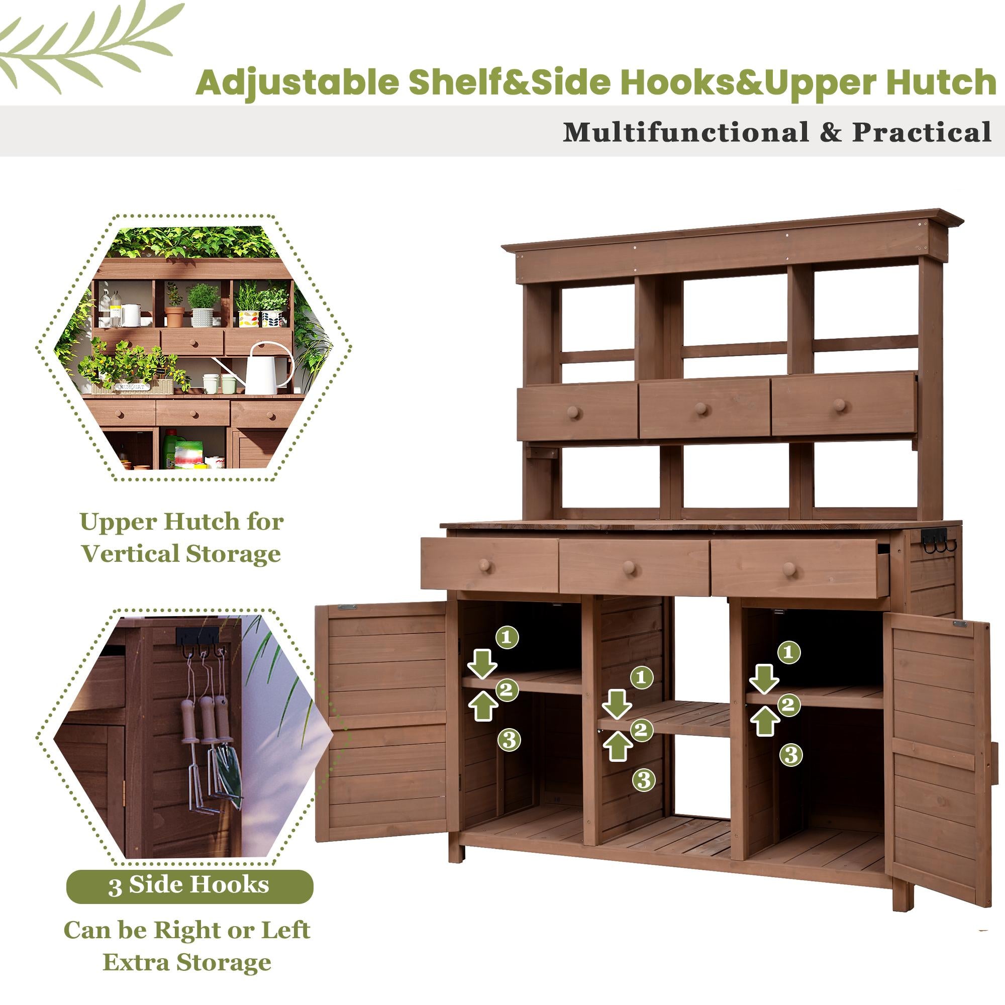 Tall Garden Potting Bench with Hutch & 6 Drawer, Wood Storage Workstation with 3 Shelf & 2 Cabinet, 50'' L x 20.5'' W x 65.5'' H, Brown