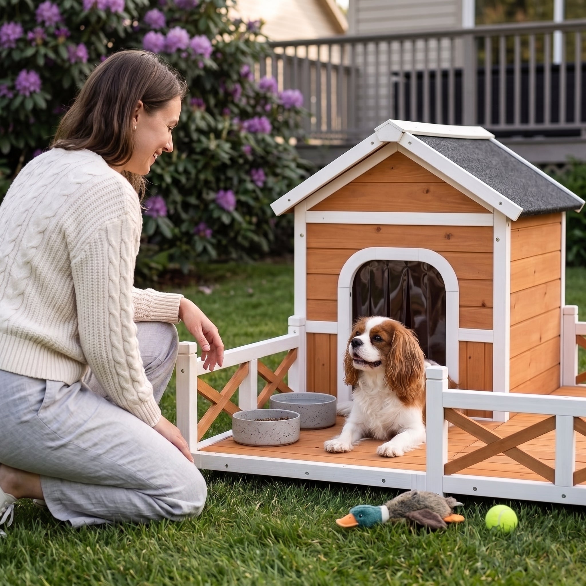 Outdoor Wooden Dog House, Dog Shelter with Large Porch, Weatherproof & Openable Roof, Elevated Base, Removable Floor
