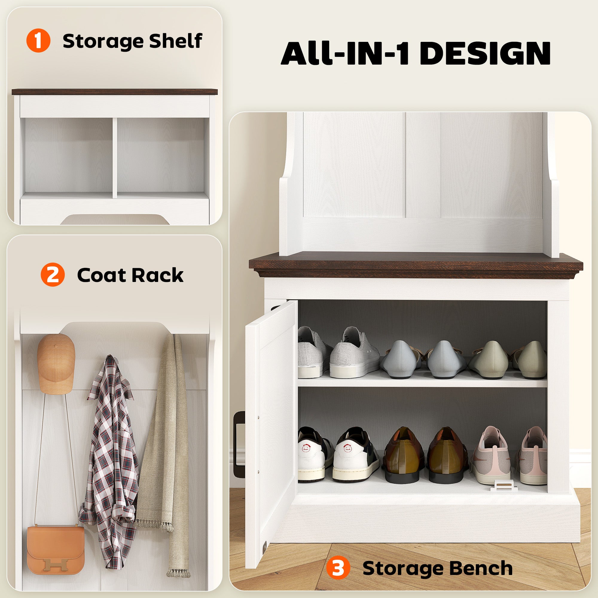 3-in-1 Hall Tree with Shoe Storage, Coat Rack with Bench, Entryway Furniture with Five Hooks, White Wood Grain