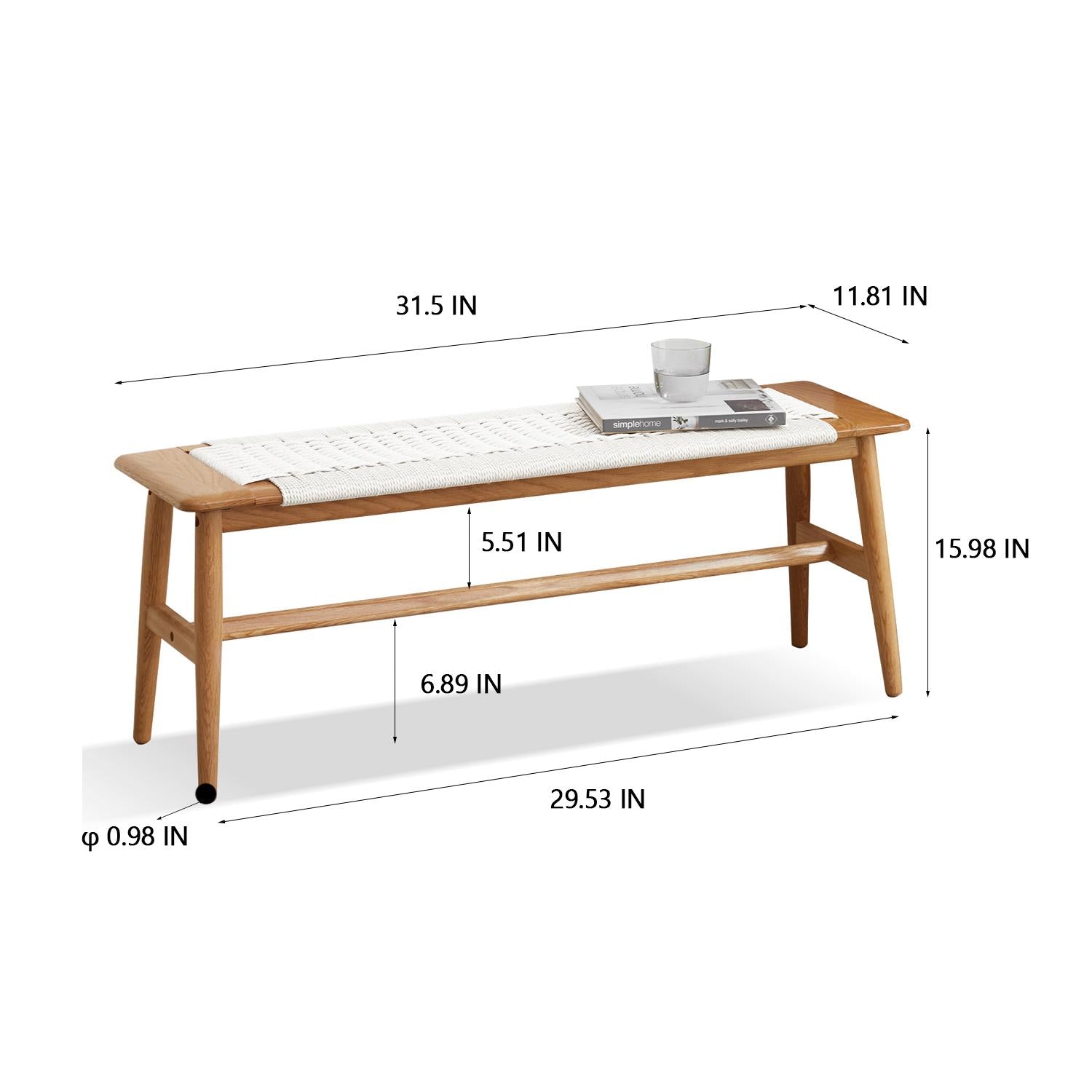 Solid Dining Bench with Handwoven Cane Seat, Versatile Wood Bench for Dining Room or Bedroom, 31.5″ L x 12″ W x 16″ H, White