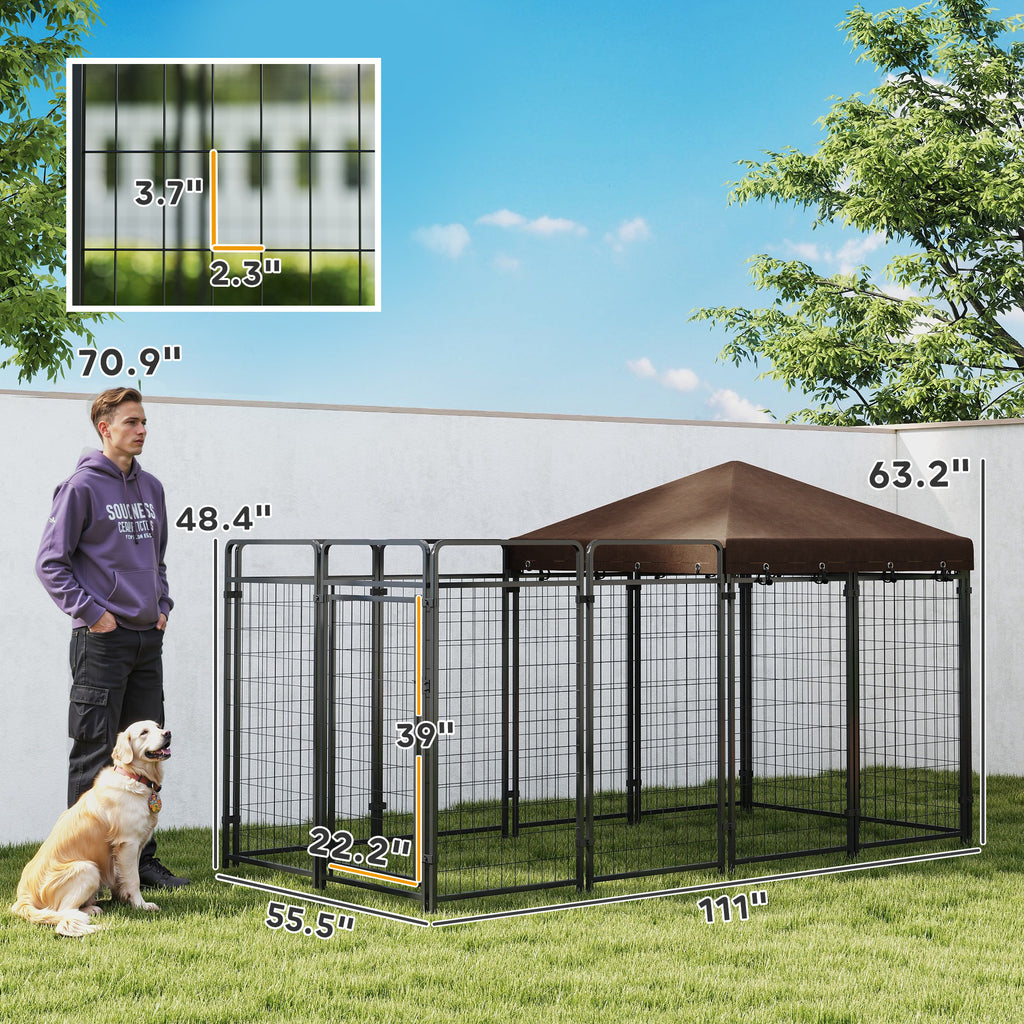 Dog Kennel Outdoor with Waterproof Canopy, Dog Run with Galvanized Chain Link, Secure Lock, for Backyard and Patio, Large and Medium Sized Breeds, Chickens, Ducks, 9.3' x 4.6' x 5.2'