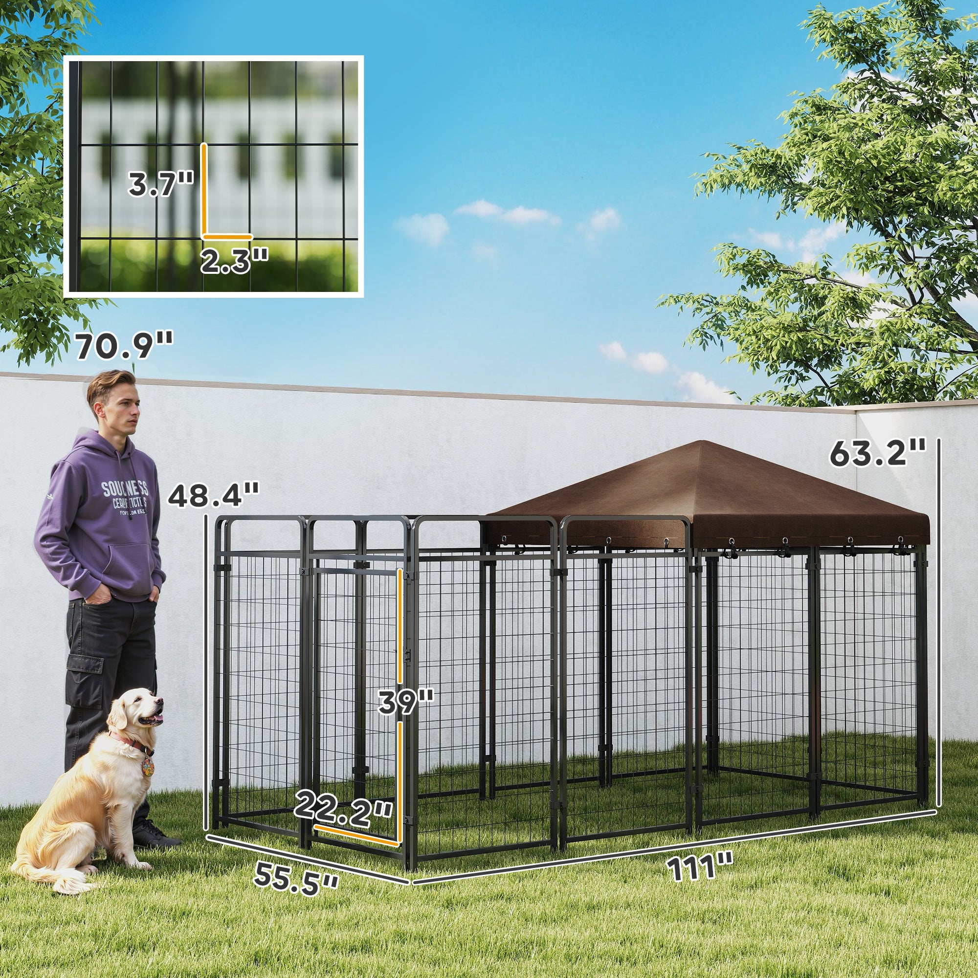 Dog Kennel Outdoor with Waterproof Canopy, Dog Run with Galvanized Chain Link, Secure Lock, for Backyard and Patio, Large and Medium Sized Breeds, Chickens, Ducks, 9.3' x 4.6' x 5.2'