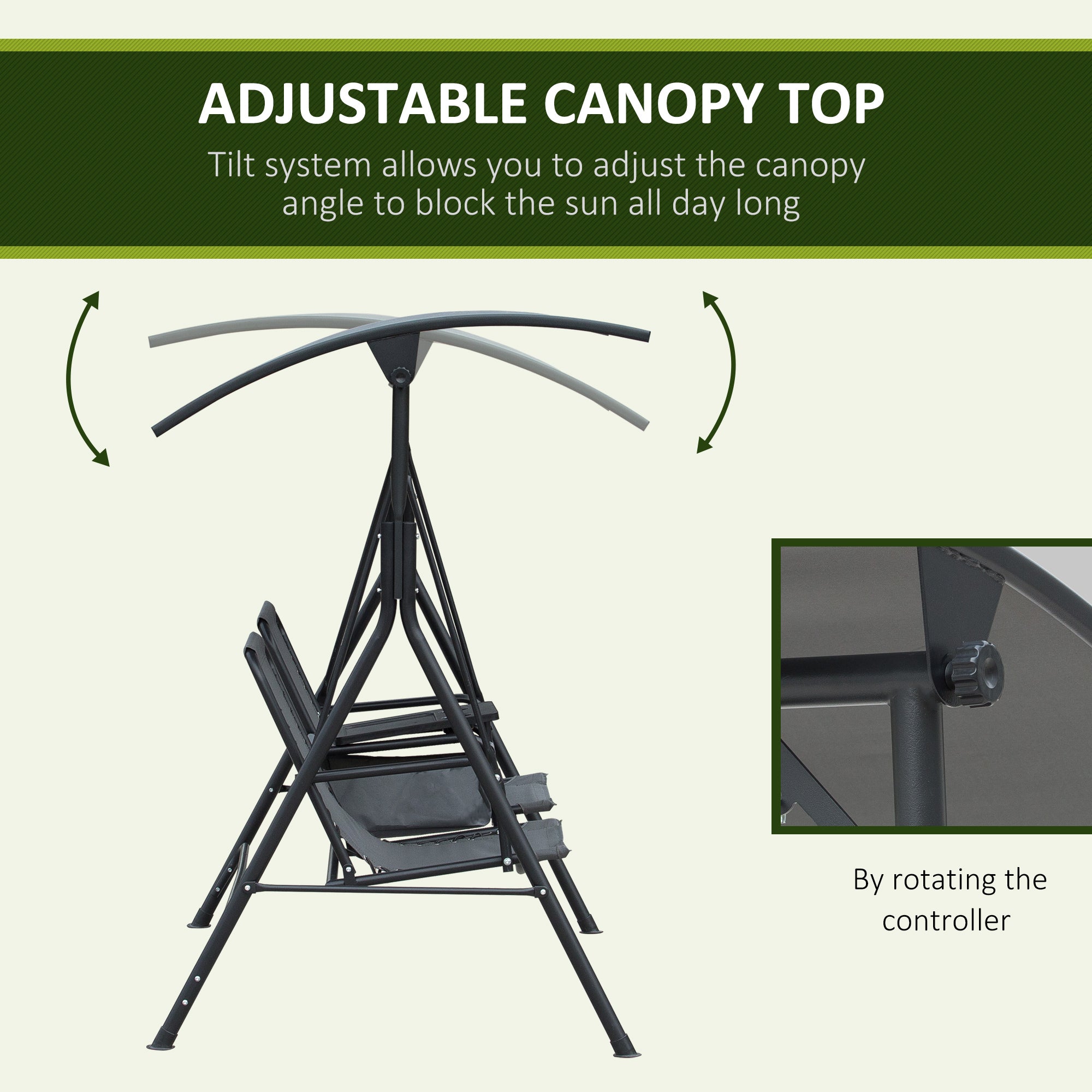 2-Seat Outdoor Porch Swing, with Pivot Storage Table, Cup Holder, & Adjustable Overhead Canopy, Stand's Skid-Resistant Feet Pad, Breathable Mesh Seat, Steel Frame, for Patio, Gray