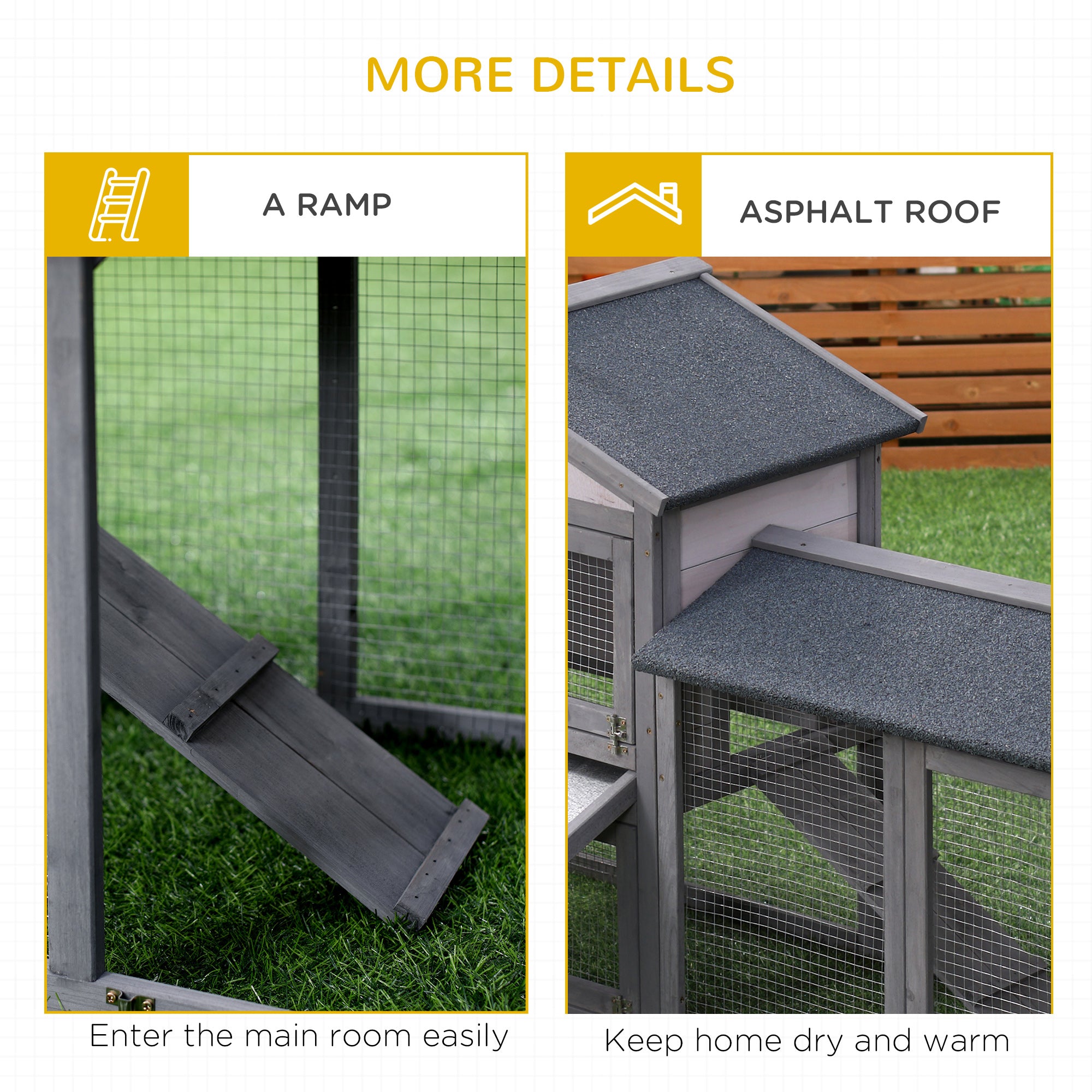 58" Large Rabbit Hutch Outdoor Indoor, Wooden Bunny Hutch, Guinea Pig Cage with Run, Removable Tray, Asphalt Roof, Lockable Doors and Ramp, for 1-2 Small Rabbits, Chickens, Ducks, Dark Gray