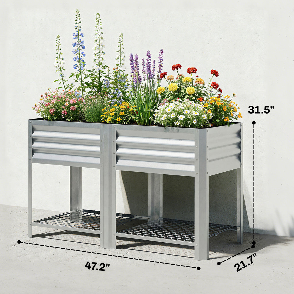 Raised Garden Bed Galvanized Steel, Elevated Planter Box with Storage Shelf, Bed Liner, 31.5" High, Silver