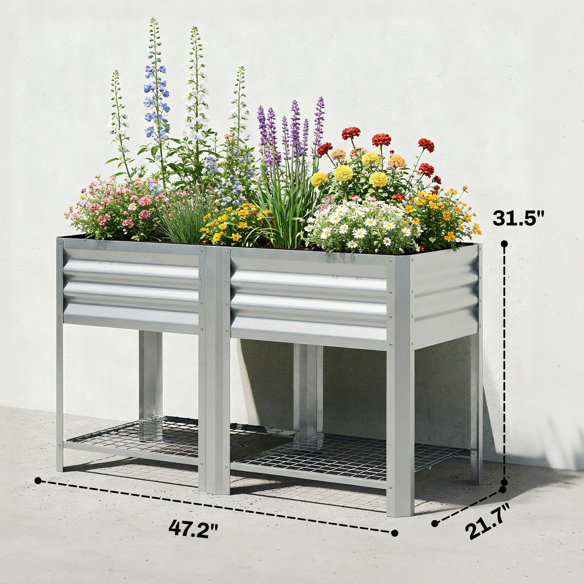 Raised Garden Bed Galvanized Steel, Elevated Planter Box with Storage Shelf, Bed Liner, 31.5" High, Silver