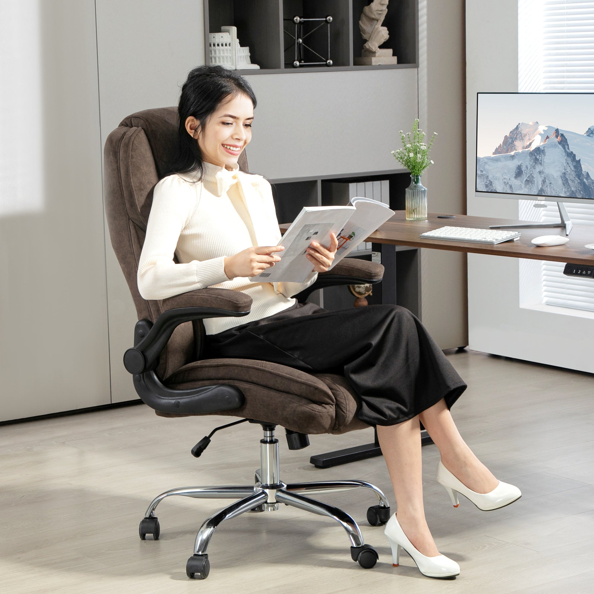 Executive Office Chair, Desk Chair with Flip-up Armrest, Diamond Fabric Computer Chair for Home Office, Dark Brown