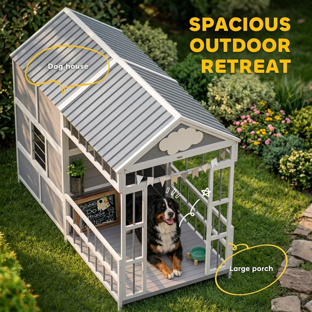 79"L Large Dog House Outdoor, Wooden Dog Kennel with Porch, Storage Cabinet,Weatherproof Roof, Windows