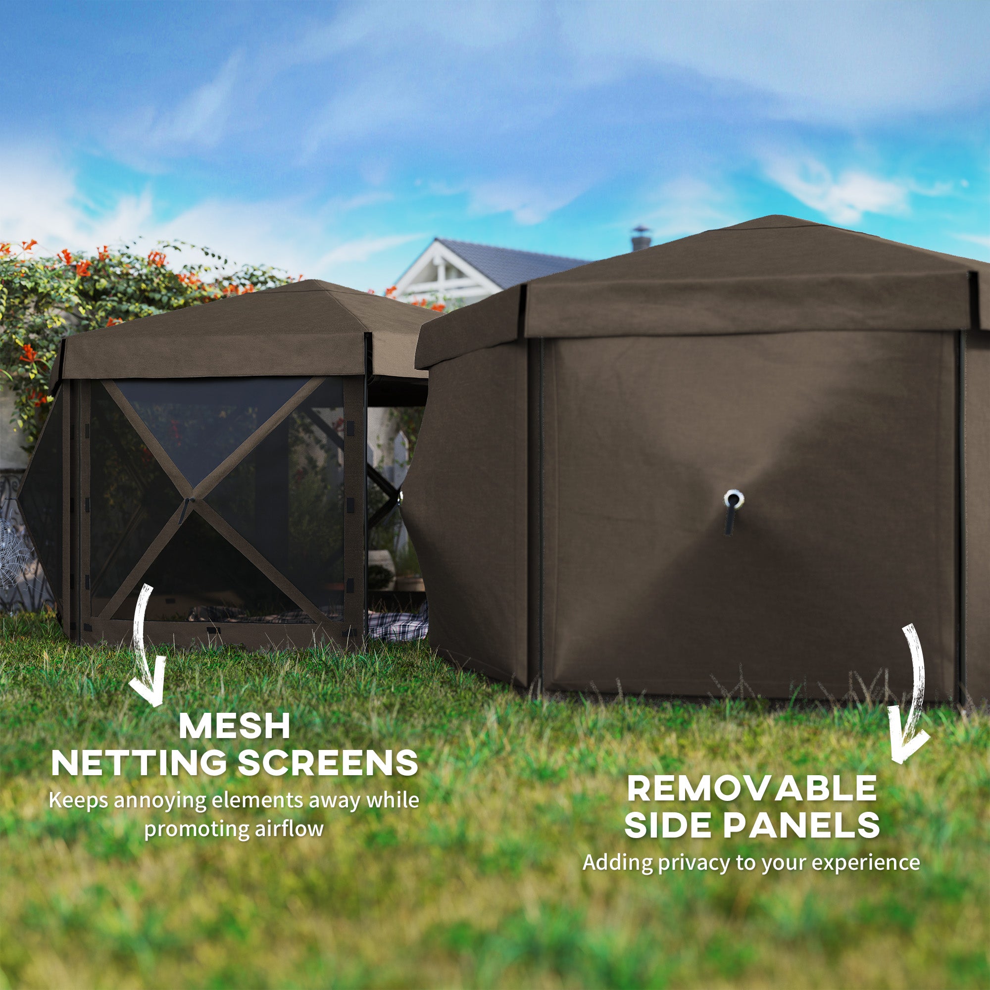 12' x 12' Hexagonal Pop Up Gazebo Canopy Tent with 5 Sidewalls, Outdoor Canopy Shelter with Carry Bag, Brown