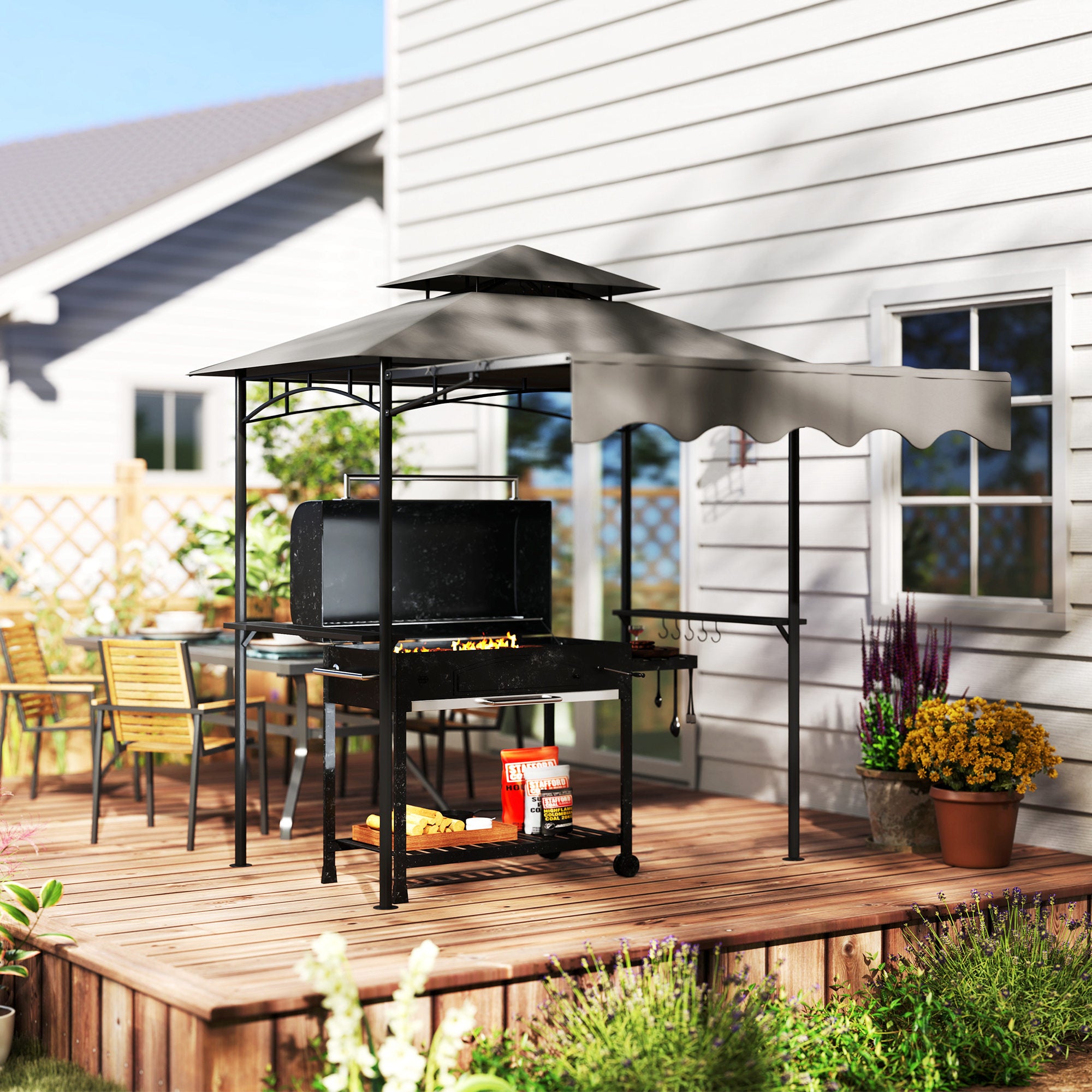 8' x 7.6' Outdoor Grill Gazebo, Barbecue Gazebo Shelter with Side Awning, 2 Side Shelves and 6 Hooks, Dark Gray
