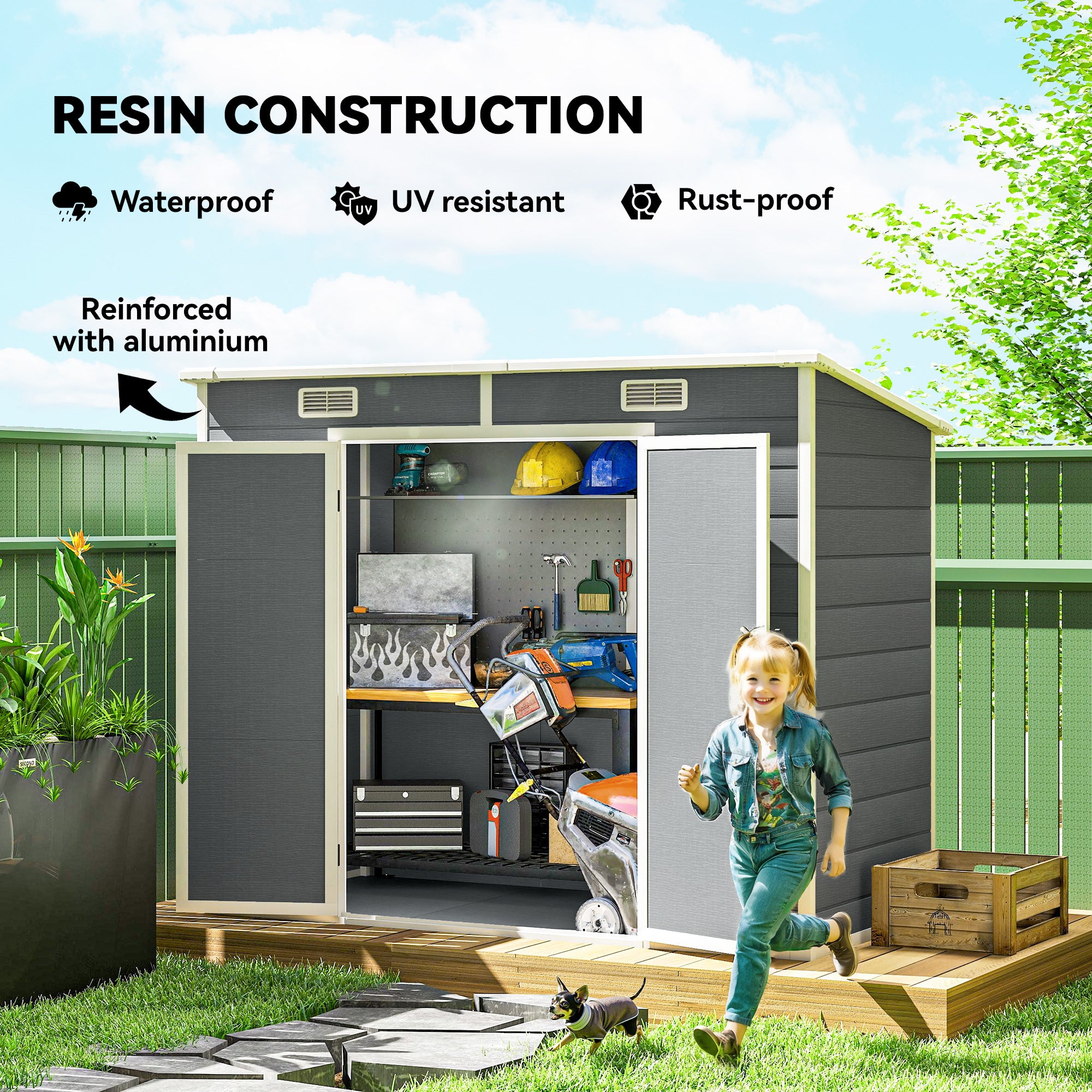 8' x 4' Plastic Outdoor Storage Shed with Floor, Window, Lockable Doors and Vents for Backyard Patio Lawn, Gray