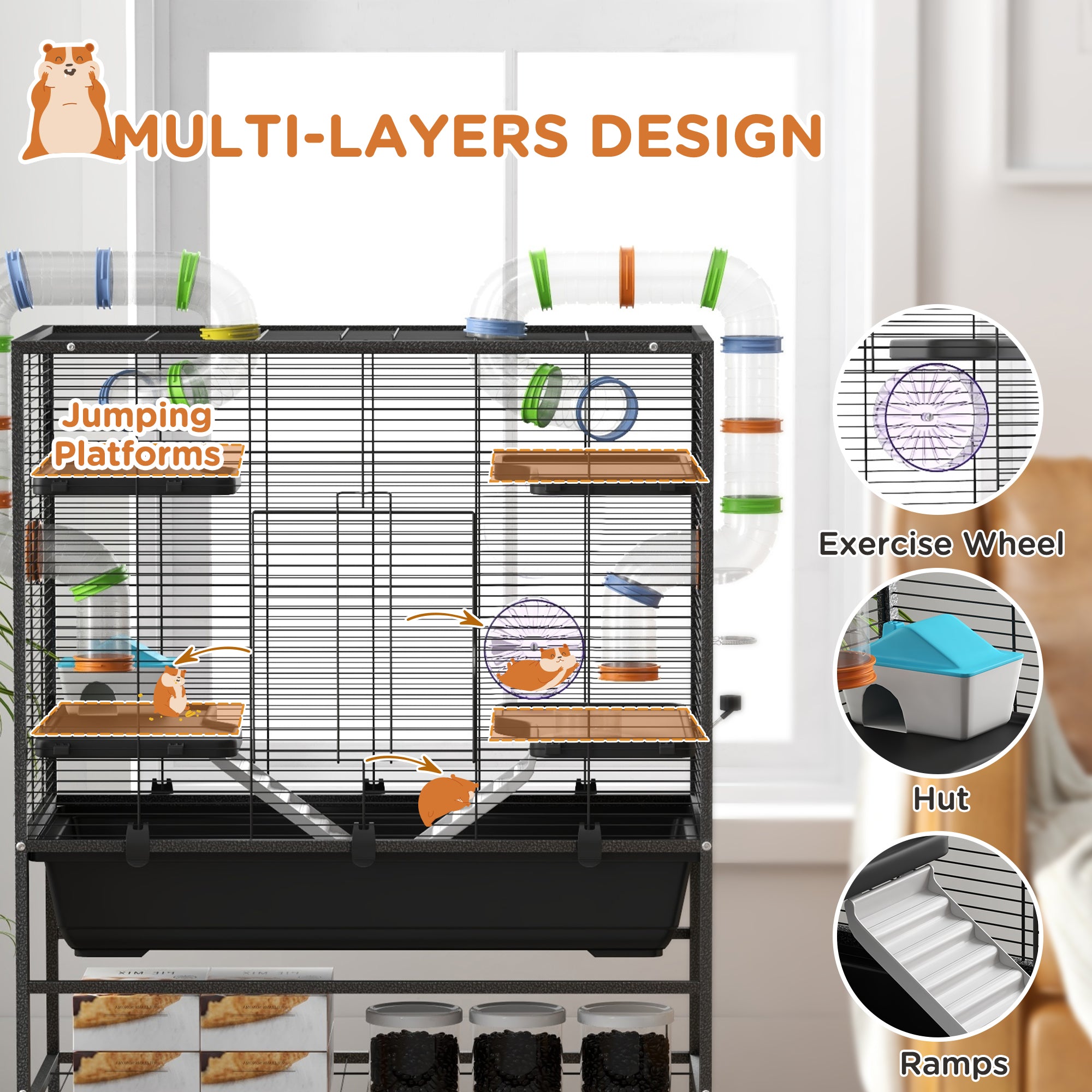 Small Animal Cage for Syrian Hamster, Gerbil Cage with Tubing System, Running Wheel, Ramps, Platforms