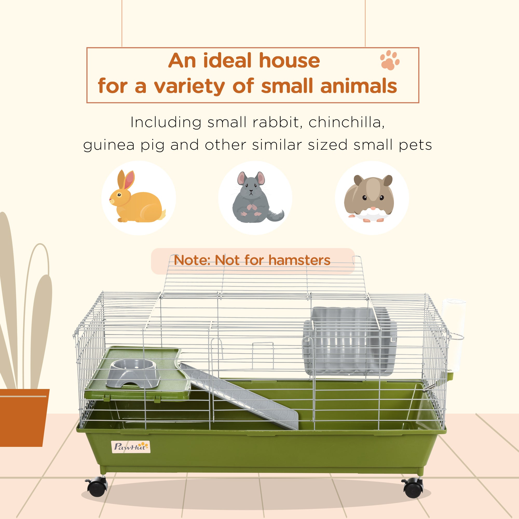 35"L Small Animal Cage, Rolling Bunny Cage, Guinea Pig Cage with Food Dish, Water Bottle, Hay Feeder, Platform, Ramp for Chinchilla, Green