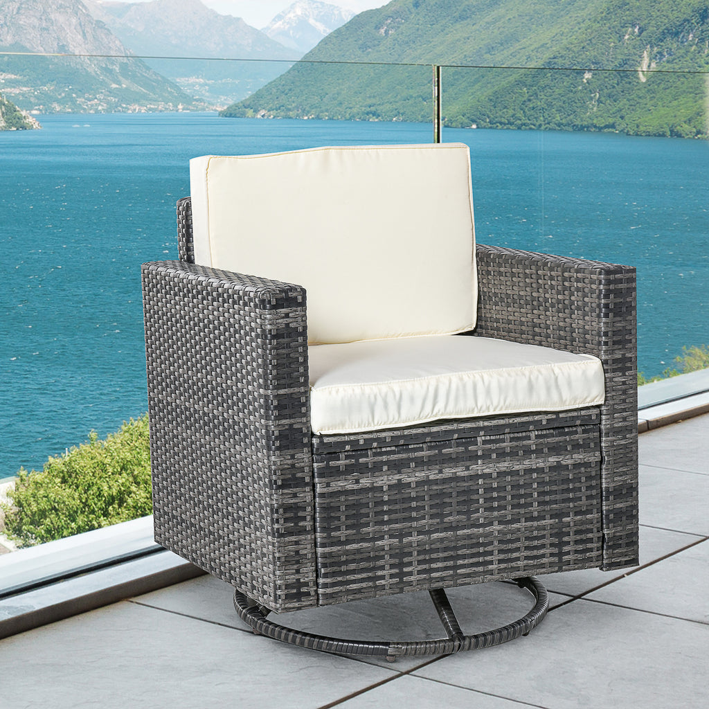 Outdoor Swivel Rocker, PE Wicker Dining Chair, 360 Degree Swivel Patio Glider with Cushions for Backyard, Lawn, Garden, Deck, Porch, Steel Frame, Cream White