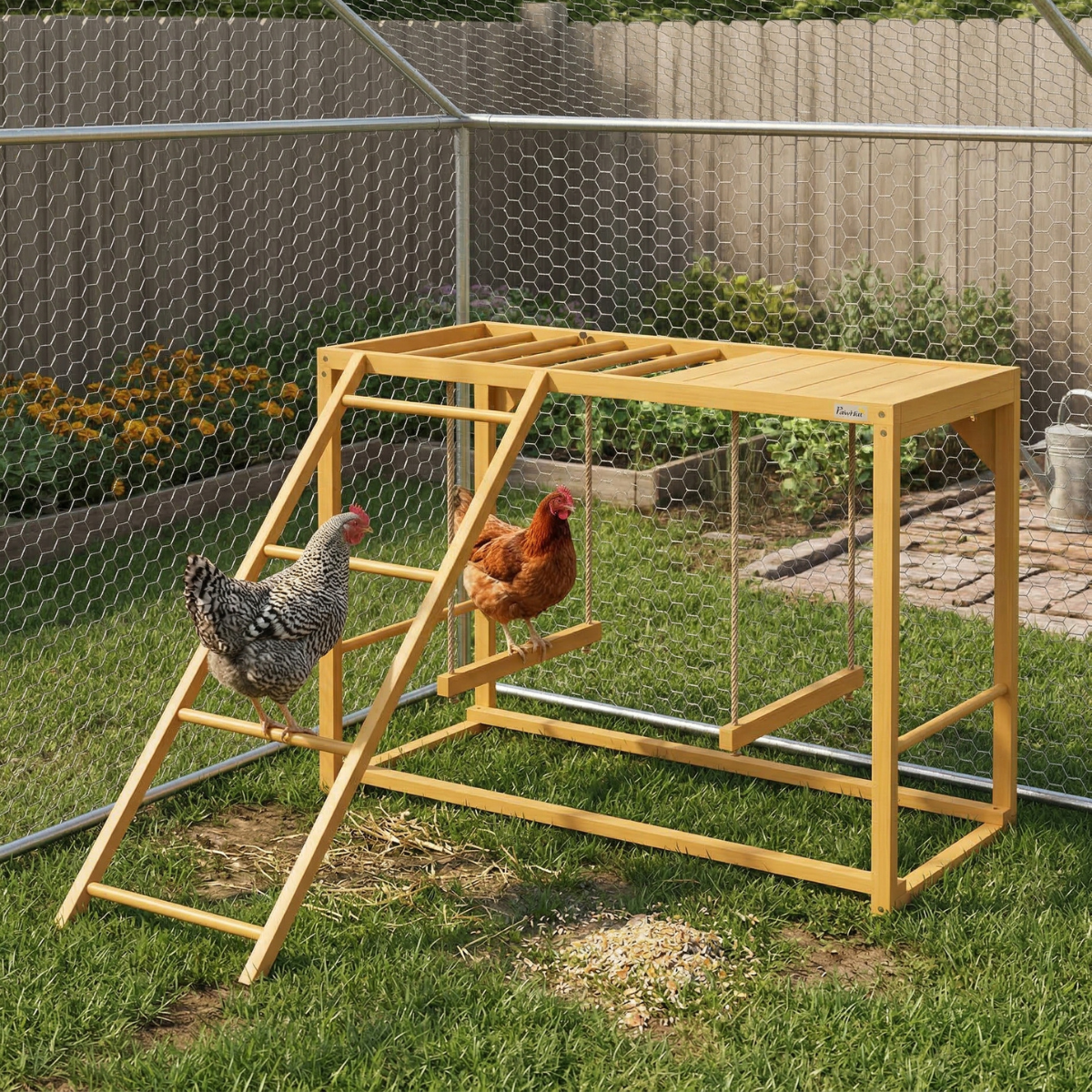 Wooden Chicken Activity Play w/ Swing Set, Chicken Coop Toy, Natural