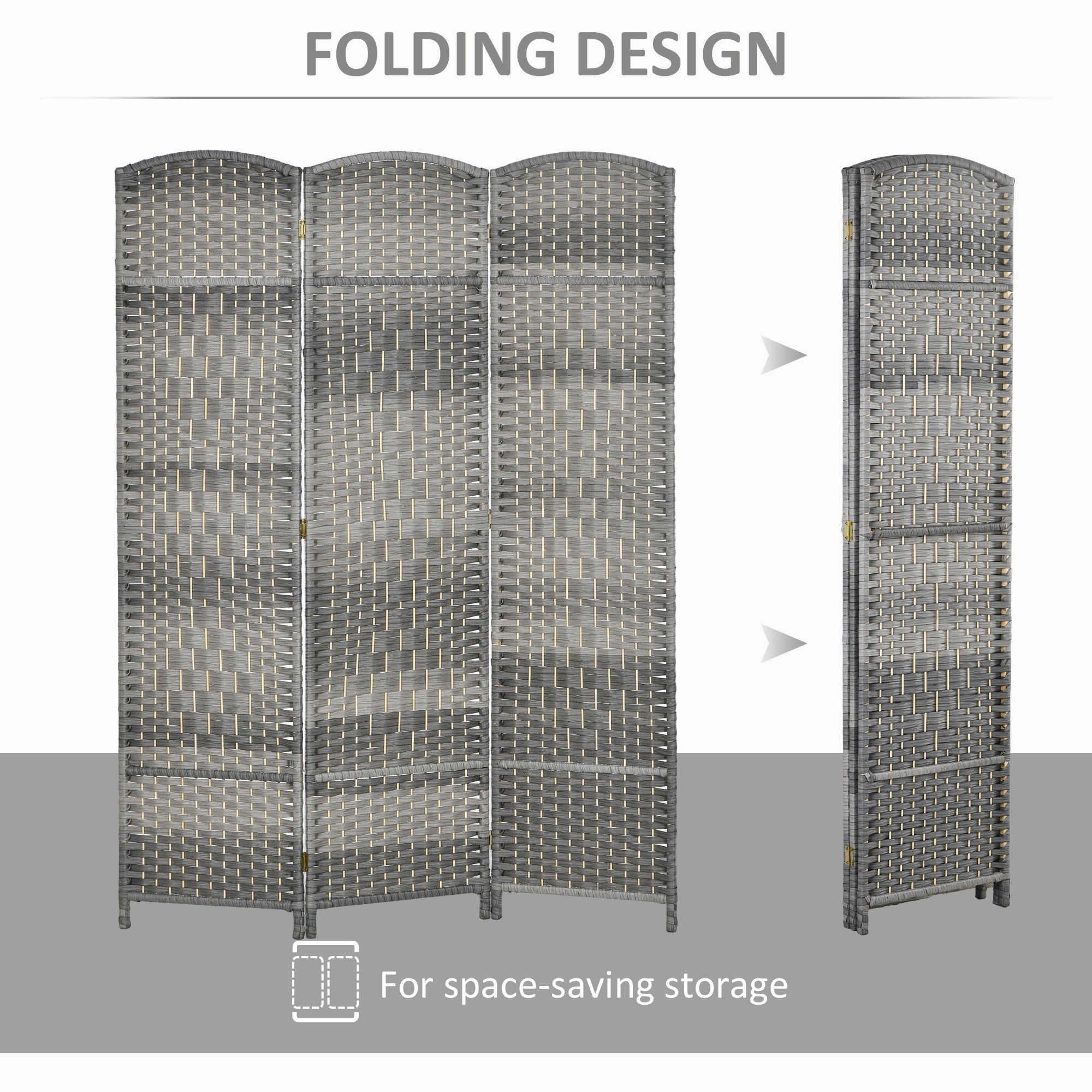 Folding Room Divider Screen 3 Panel 6' Tall Privacy Screen Freestanding Wood Partition for Home Office, Mixed Gray