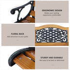 50" Outdoor Garden Bench, Park Patio Bench Loveseat, Wood & Metal Frame with Plastic Flourish Backrest, Natural Wood