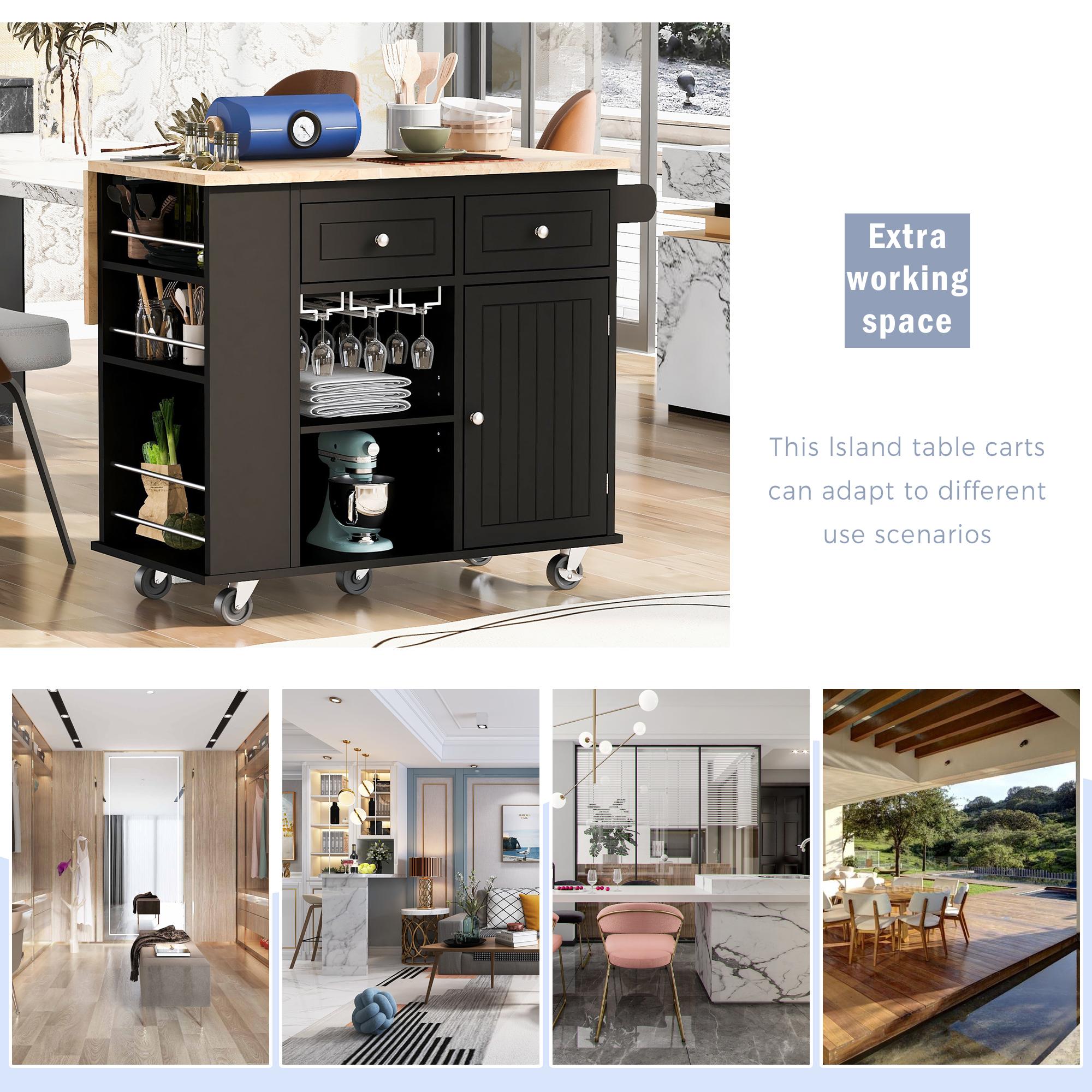 Kitchen Cart with Power Outlet, Drop Leaf, Wine Rack, Adjustable Shelves, Central Island with Lockable Wheels, 40" L x 29.5" W x 34" H, Black