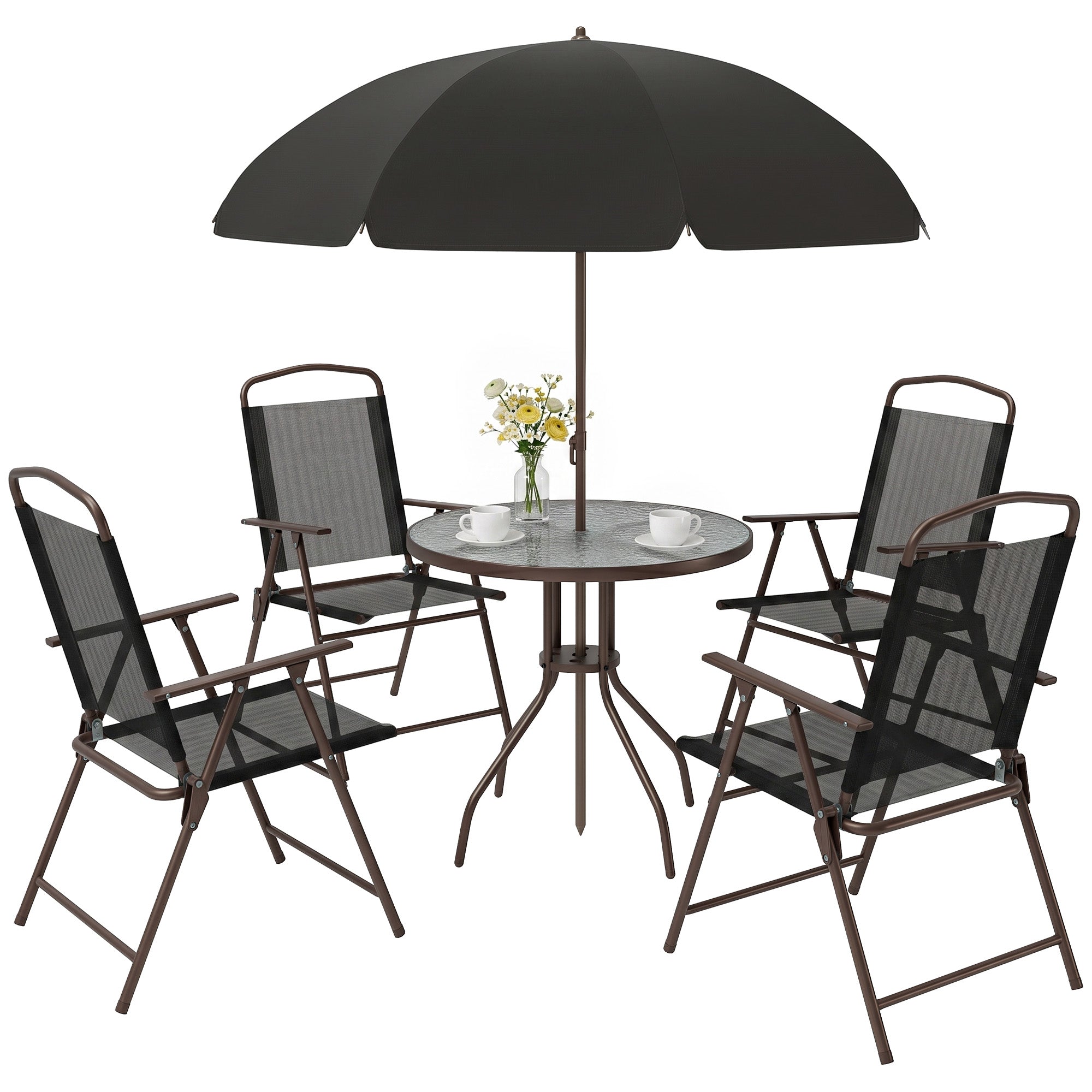 6 Piece Patio Dining Set for 4 with Umbrella, Outdoor Table and Chairs with 4 Folding Dining Chairs & Round Glass Table for Garden, Backyard and Poolside, Black and Coffee
